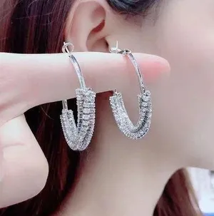 Women's Twisted Rhinestones Silver Hoop Earrings thumbnail 1