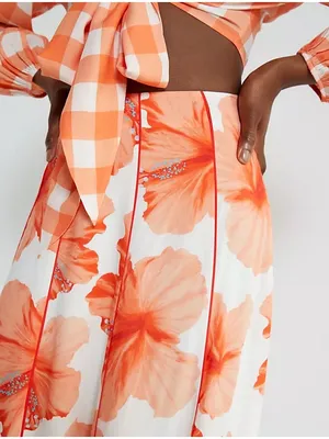 Anthropologie Farm Rio Orange White Floral Contrast Midi Skirt Size Medium thumbnail 2