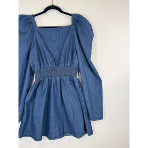 Free People Womens Dress Molly Mini Chambray Puff Sleeve Smocked A Line Large thumbnail 9
