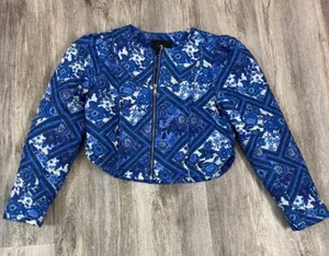 7 For All Mankind Woman Blue Floral Tile Quilted Cropped Jacket Size Medium NeW thumbnail 1