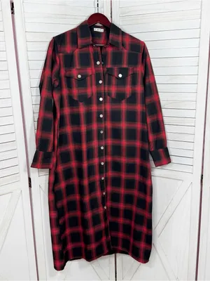 L&S‎ Plaid Snap Front Midi Duster Shirt Dress Shacket Red Black XL Western Boho thumbnail 7