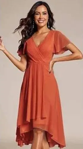 Ever‎ Pretty Women's Size 8 Burnt Orange Dress High Low V-Neck Chiffon Formal thumbnail 1