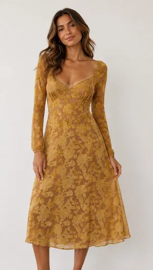 RIHOAS NWT Mustard/Gold Lace detail Floral Velvet Overlay Mesh Midi Dress Size M thumbnail 1
