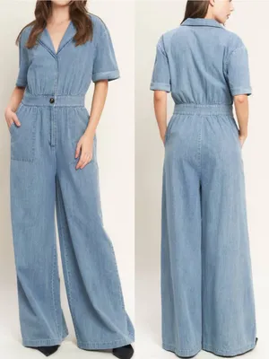 Vici Quiet Luxury Lightweight Chambray Denim Jumpsuit Coveralls Boiler Suit Blue thumbnail 2