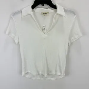 Madewell Ribbed V Neck Polo Tee Top Stretch Lyocell Lighthouse Ivory Slim S NWT thumbnail 5