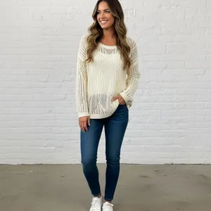 Cream Open Weave Crochet Oversized Slouchy Knit Sweater S thumbnail 12