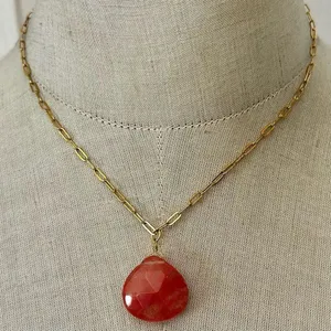 Faceted Dyed Quartz Pendant Necklace on Gold-Tone Paperclip Chain thumbnail 3