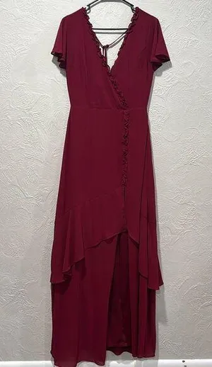 Lulu’s Pour the Champagne Burgundy Ruffled Backless Maxi dress thumbnail 1