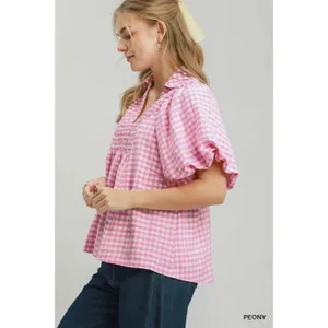 Umgee Smocked Yoke Puff Sleeve Gingham Blouse - Large thumbnail 2