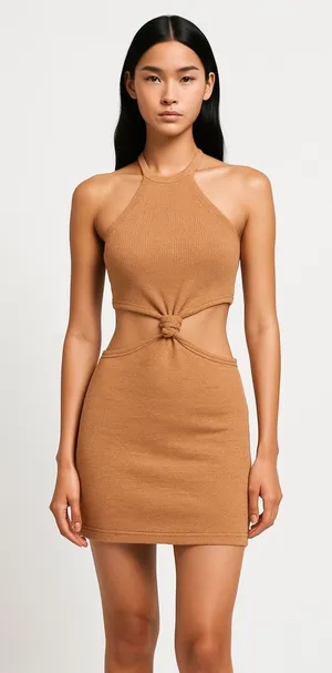 Isalis Women's Beige Halter Neck Sleeveless Knitted Mini Bodycon Dress Size S thumbnail 1