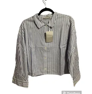 Everlane Womens Size M Blue White Striped Button Crop Cotton Woven PJ Top thumbnail 2