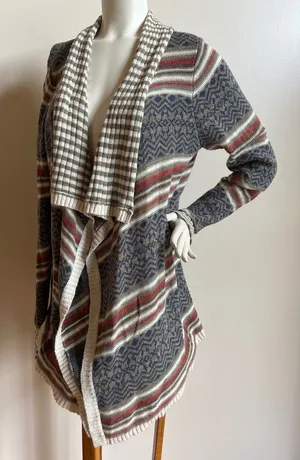 Striped Open-Front Draped Cardigan Sweater - Gray, Red & Cream thumbnail 1