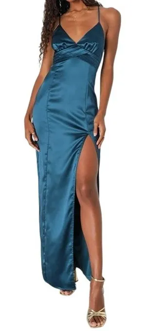 Lulus Maxi Dress XL Teal Blue Satin Gown Divine‎ Entrance Criss Cross Back Slit thumbnail 1