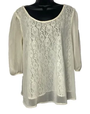 Altar'd State Cream Ivory Sheer Floral Lace Top Scoop Neck Size Medium‎ V Back thumbnail 1