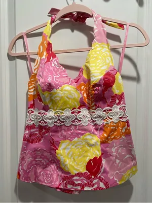 Lilly Pulitzer Scallop Trim Floral Halter Top Vintage Y2K Size 6 thumbnail 2