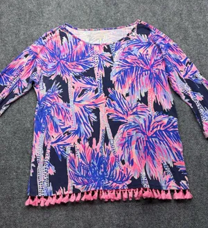 Lilly Pulitzer WomansLarge Tassel Hem Tropical Print Navy & Pink 1/4 sleeves thumbnail 1