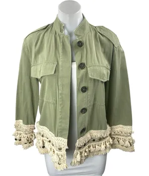 Zara Green Crochet Fringe Trim Button Front Pockets Long Sleeve Jacket Size XS thumbnail 1