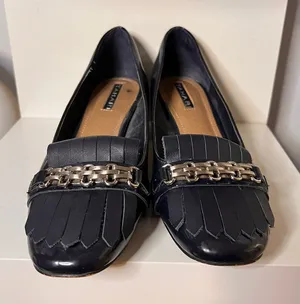 Navy Blue Patent Leather Block Heel Loafers with‎ Chain Detail & Fringe thumbnail 1