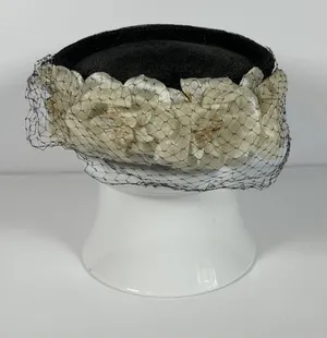 Vintage Union Made Black Pillbox Hat with Cream Floral Accents and Veil thumbnail 1