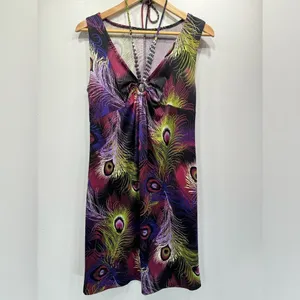 Peacock Feather Shift Dress with Embellished Neckline Sleeveless Size Medium thumbnail 2
