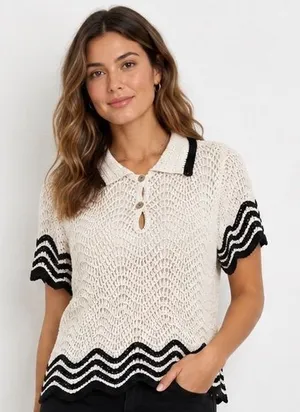 Solitaire Crochet Knit Polo Top Small Cream Black Chevron Scalloped Trim thumbnail 1