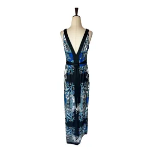 Eci New York Dress Womens 6 Blue And Black Paisley‎ Beaded V Neck Tie Back Maxi thumbnail 2