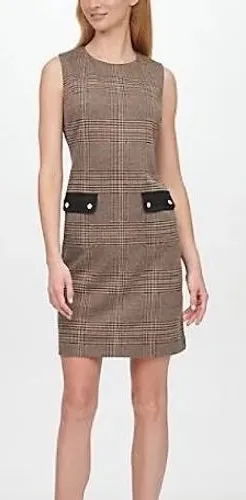 Tommy Hilfiger Glen Plaid Faux Leather Trim Sheath Dress Brown Orange Size 14 thumbnail 1