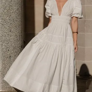 NWT showpo MELLIE MIDI DRESS - PUFF SLEEVE PLUNGE TIERED DRESS IN WHITE thumbnail 1