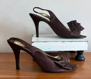 Nina Brown Satin‎ Peep Toe Slingback Heels Bow Rhinestone Stiletto Size 7.5M thumbnail 1
