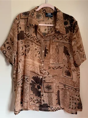 Y2K Sheer Brown & Beige Printed Button Down Shirt Size 1X thumbnail 1