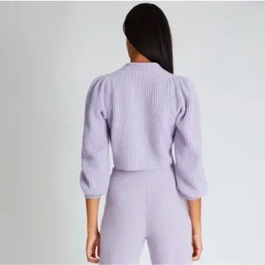 LoveShackFancy Cardigan Women XS Lavender Good Wool Cashmere Cropped Ribbed Puff thumbnail 2