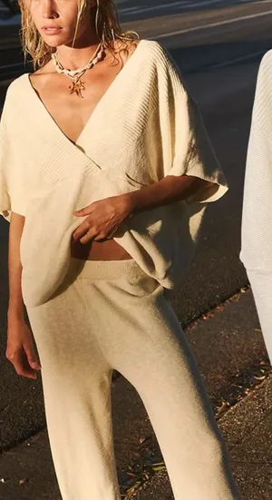 Free People Beach Jaclyn Sweater Top Oversized Casual Deep Neckline Cream Medium thumbnail 1