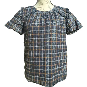 LOFT -289 Plaid Short‎ Sleeve Ruffle Shimmer Blouse Top Black Tan White Small thumbnail 3