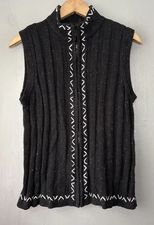 Wool Blend Sweater Vest Size Medium Black Ribbed Knit Cabincore Heritage Country thumbnail 1