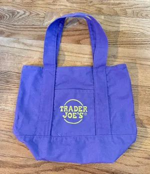 Trader Joes Mini Canvas Tote Bag Purple Yellow‎ Logo Limited Edition Grocery Bag thumbnail 1