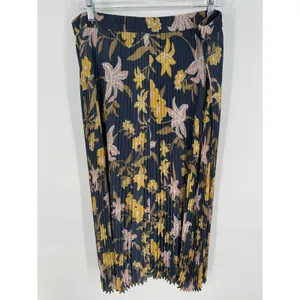 LOFT Pleated Maxi‎ Skirt XL Dusty Blue Yellow Floral Elastic Waist Accordion thumbnail 5