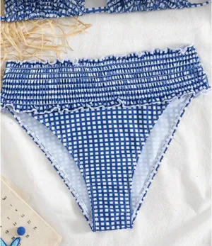 SheIn Swim Vcay Women's Casual Vacation Blue & White Plaid Print Tankini Swimsuit Set thumbnail 4