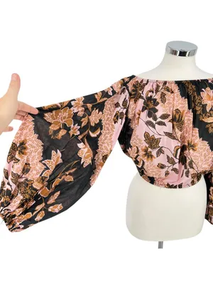 Vici Floral Boho Festival Off-Shoulder Puff Sleeve Blouse Pink Black Size Small thumbnail 2