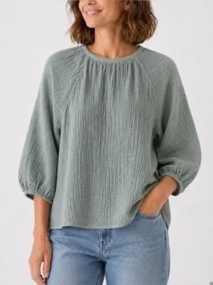 Alice Walk Top Green Organic Cotton Gauze Tie Back Long Sleeve Blouse M thumbnail 1