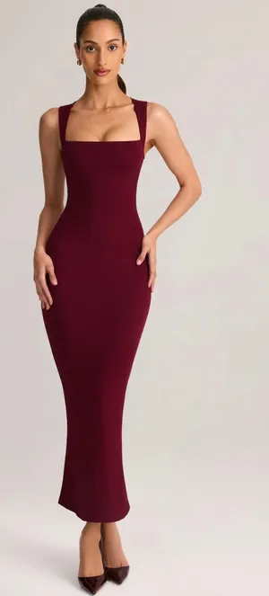 Oh Polly Ainslee Modal Square-Neck Bodycon Midi Dress in Wine Size XL thumbnail 1