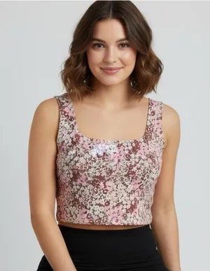 Lou & Grey Athletic Floral Crop Top Tank Large Pink Brown Cottagecore Stretchy thumbnail 1