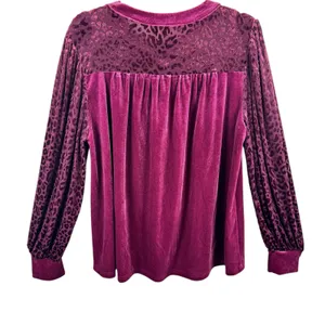 JODIFL Burgundy Velvet Burnout Leopard Long‎ Sleeve Blouse Size L thumbnail 2
