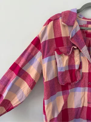 Free People We The Free Izzie Buffalo Check Plaid Cargo Flannel Shirt Pink Red S thumbnail 2