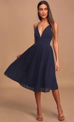 Lulu’s Love Me To The Moon Navy Blue Pleated Midi Dress thumbnail 1