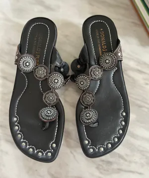 Donald J. Pliner Black/Dark Brown Leather Metal Western Embellished Sandal thumbnail 1