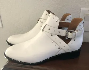 Halogen white buckle silver stud leather booties 10M thumbnail 1