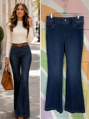 SPANX Pull On Flare Jeans Dark Wash High Rise Stretch Shaping Denim Sz M 🧡🎀 thumbnail 2