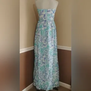 Floral Strapless Modcloth Maxi Dress by Minuet Size Blue Teal & White Large thumbnail 6