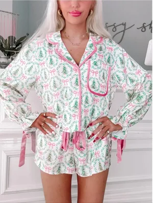 Under The Tree Christmas Pajama Set With Velvet Ties Top XS Bottoms M thumbnail 1