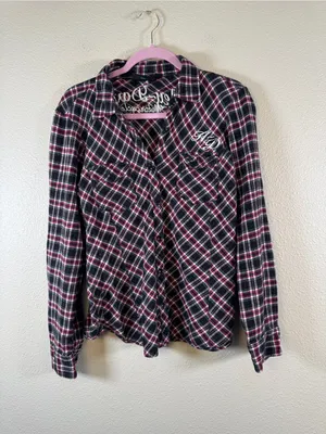 Harley Davidson Red Black Plaid Button Down Shirt Womens L Embroidered Flannel thumbnail 11